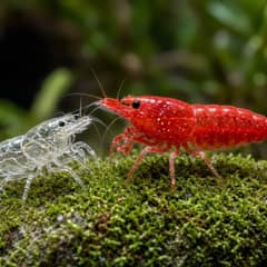 A red cherry shrimp beside its translucent shed exoskeleton on a mossy stone in a planted aquarium