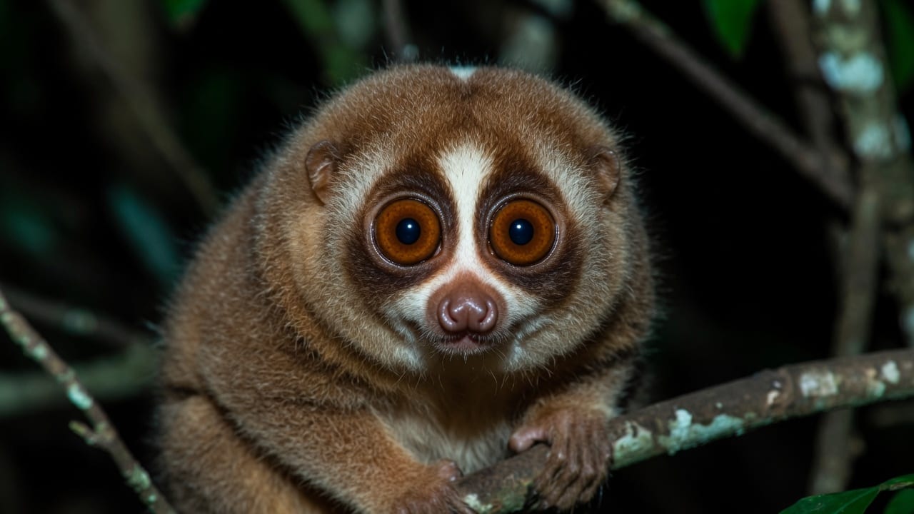 A slow loris gripping a branch at night, showing its large forward-facing eyes and dense brown fur