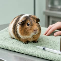 A guinea pig at the vet's office next to a pill bottle, illustrating the risk of the wrong antibiotic class for hindgut-fermenting small mammals