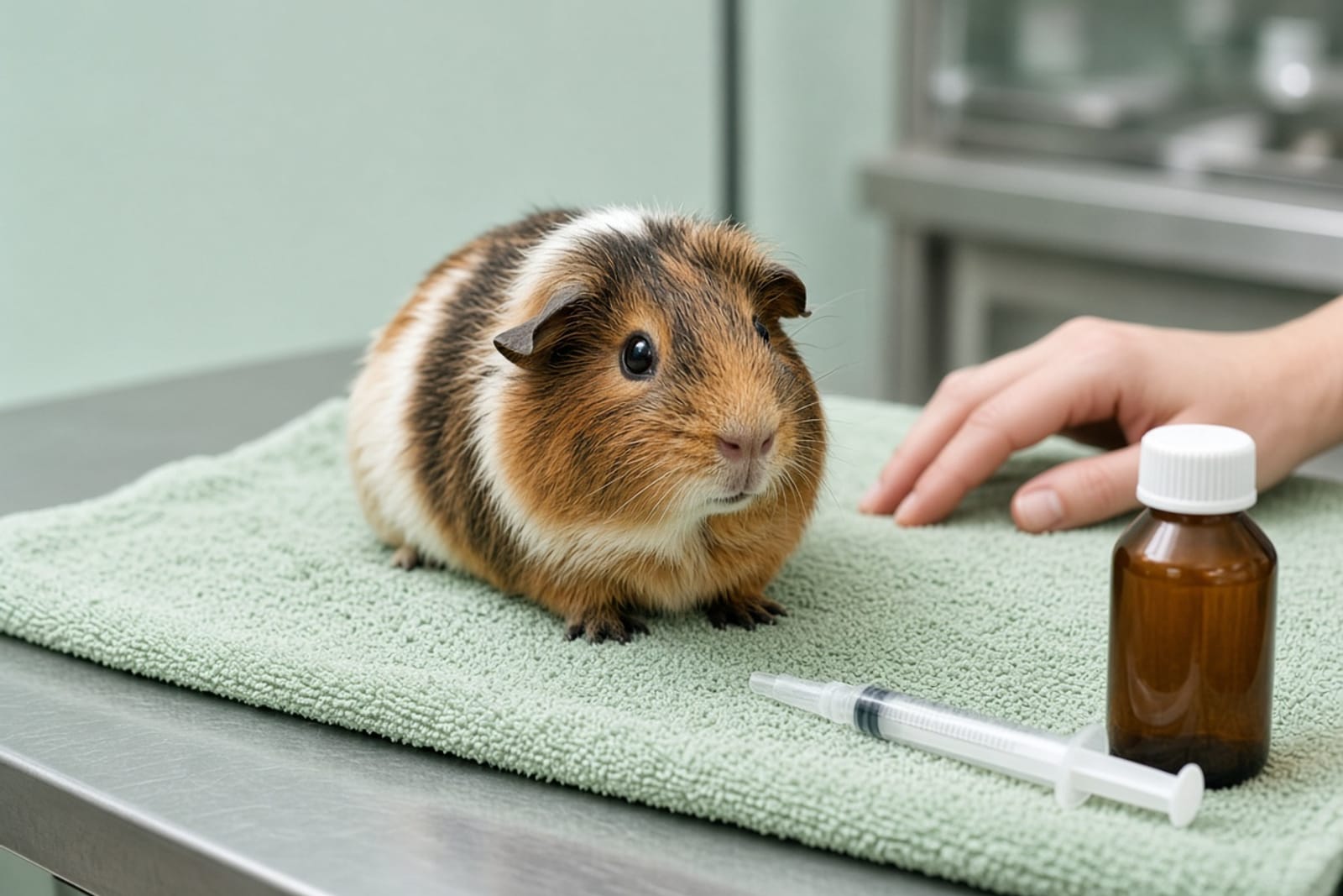 A guinea pig at the vet's office next to a pill bottle, illustrating the risk of the wrong antibiotic class for hindgut-fermenting small mammals