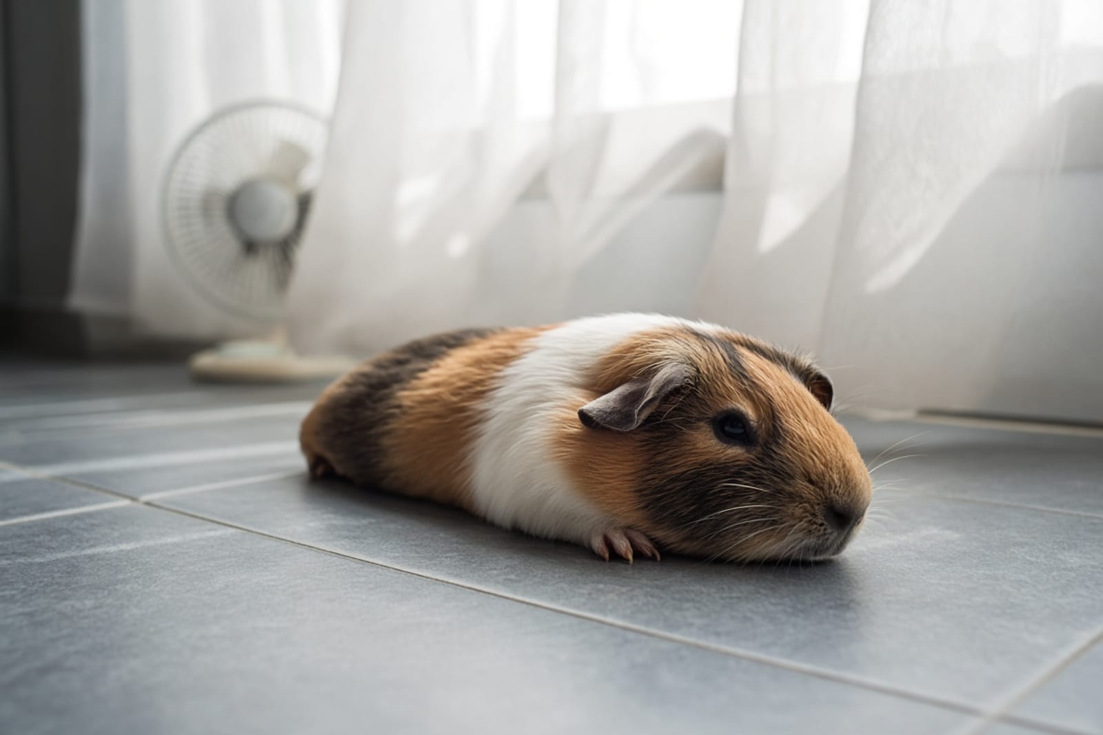 A guinea pig lying flat on a tile floor next to a room thermometer reading in the mid-80s Fahrenheit
