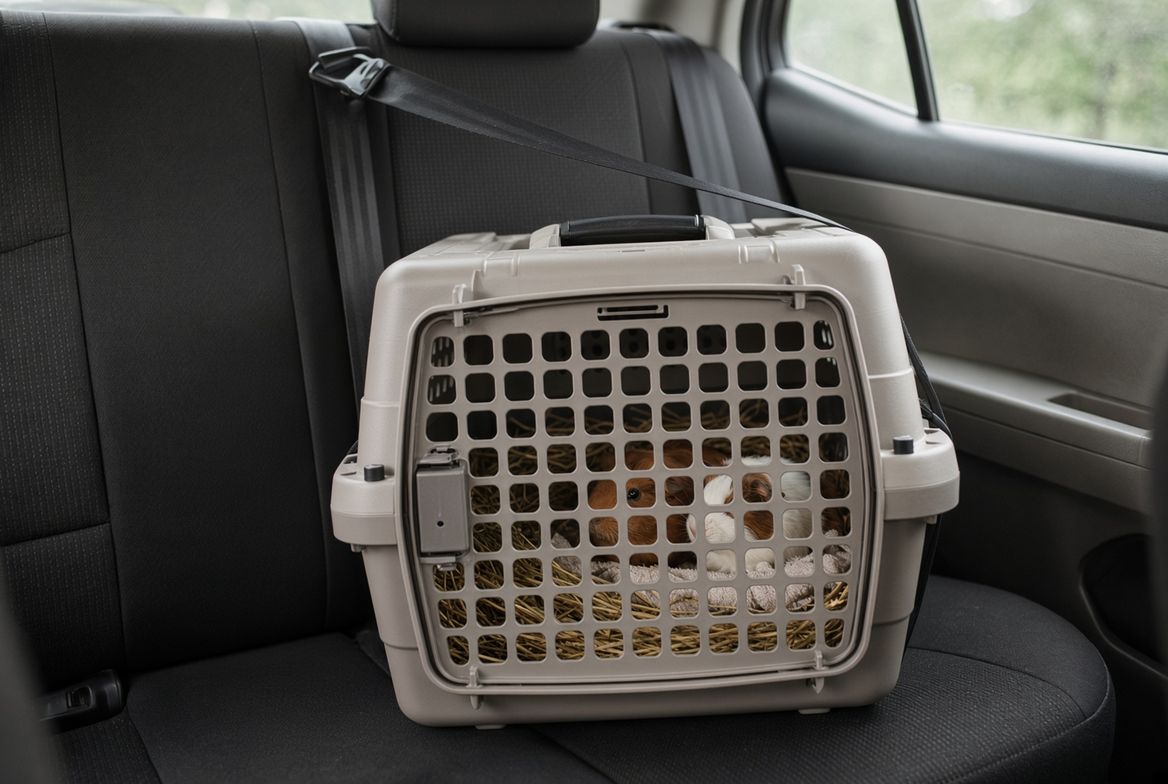 A guinea pig and its cage mate sitting together on a bed of hay inside an open hard-sided pet carrier
