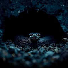 Ball python coiled in a dim, cool terrarium hide during brumation