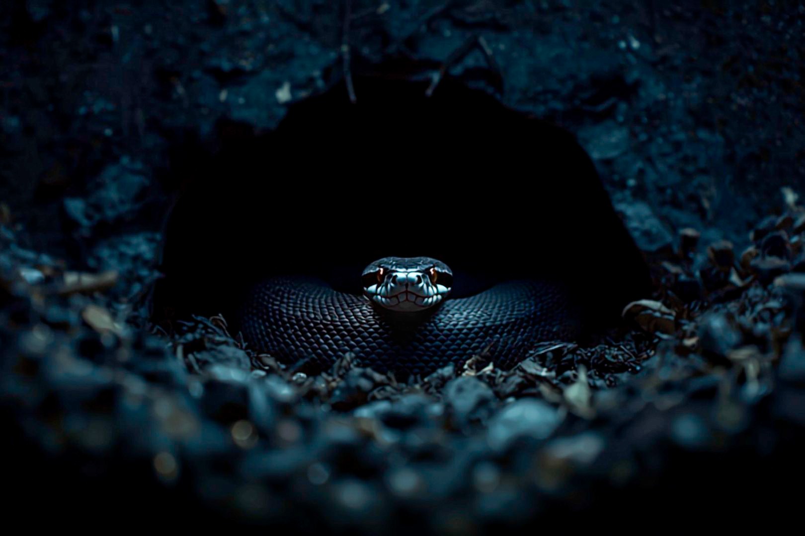 Ball python coiled in a dim, cool terrarium hide during brumation