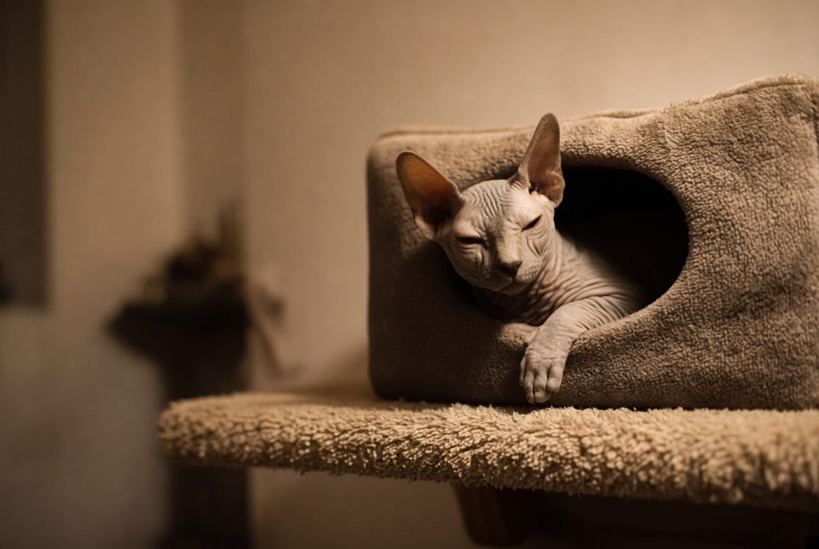 A sphynx cat curled inside a heated covered bed on a high shelf