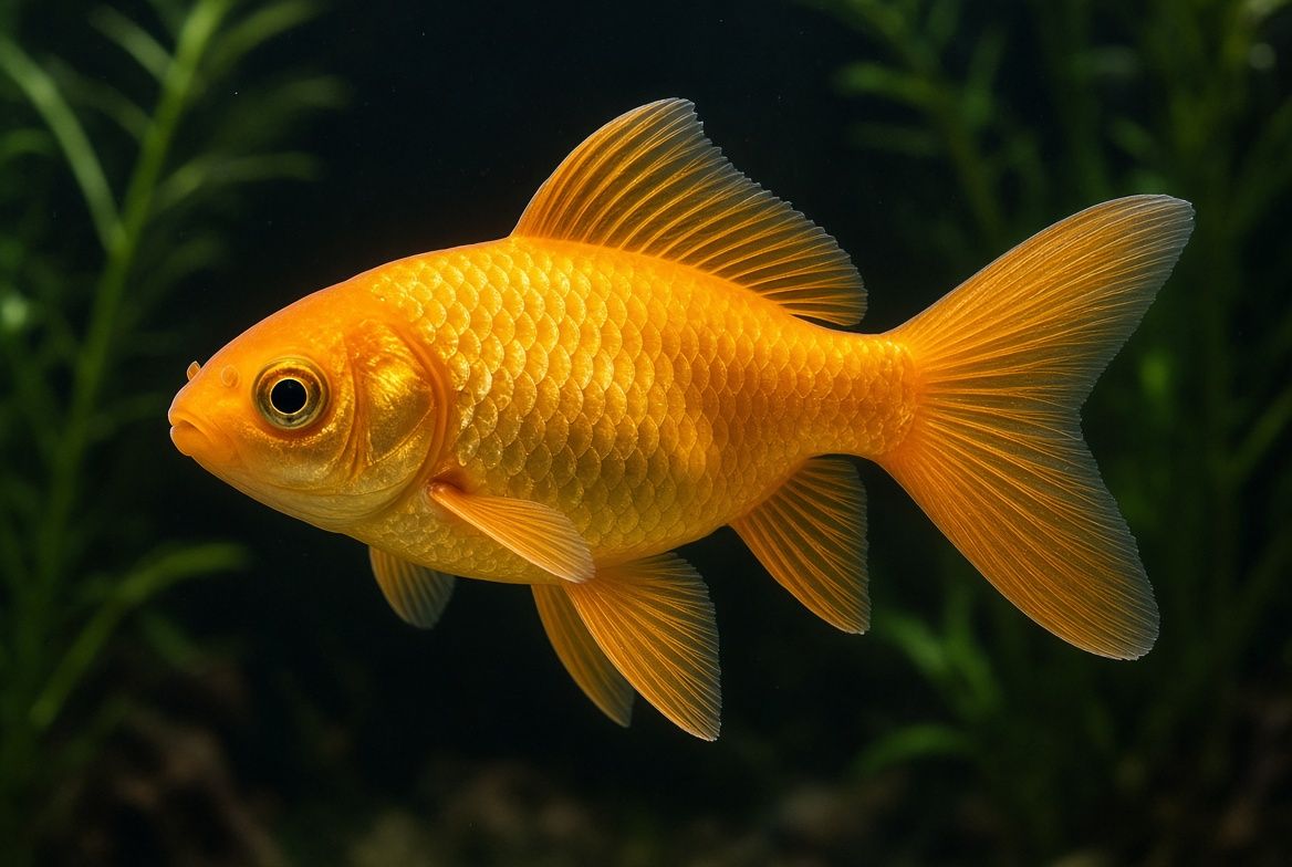 A close-up of a freshwater aquarium fish near the glass with a keeper's hand holding a water test kit vial in the foreground