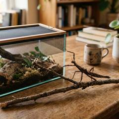 Camouflaged stick insect resting on a branch beside a small mesh-topped enclosure