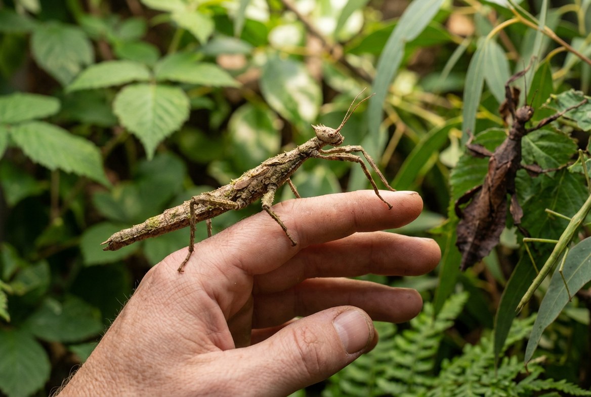 Stick insect calmly gripping a keeper's hand during gentle handling
