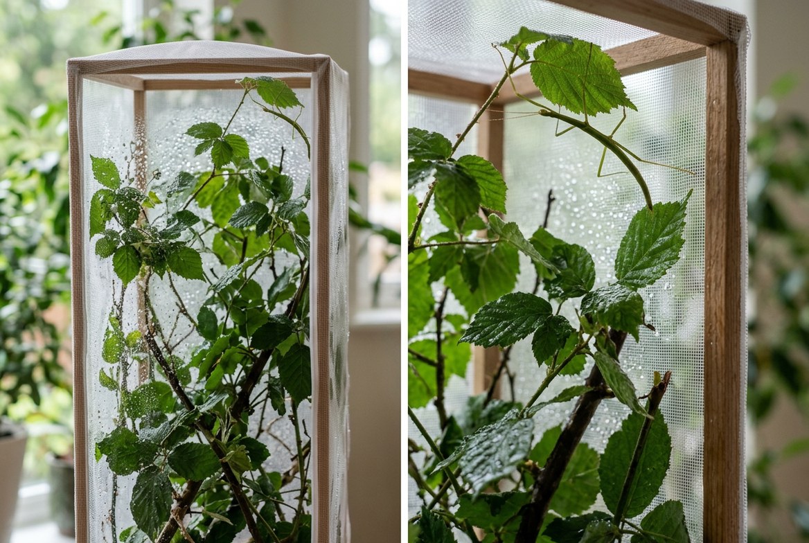 Stick insect enclosure with mesh top, host plant cuttings, and misted substrate