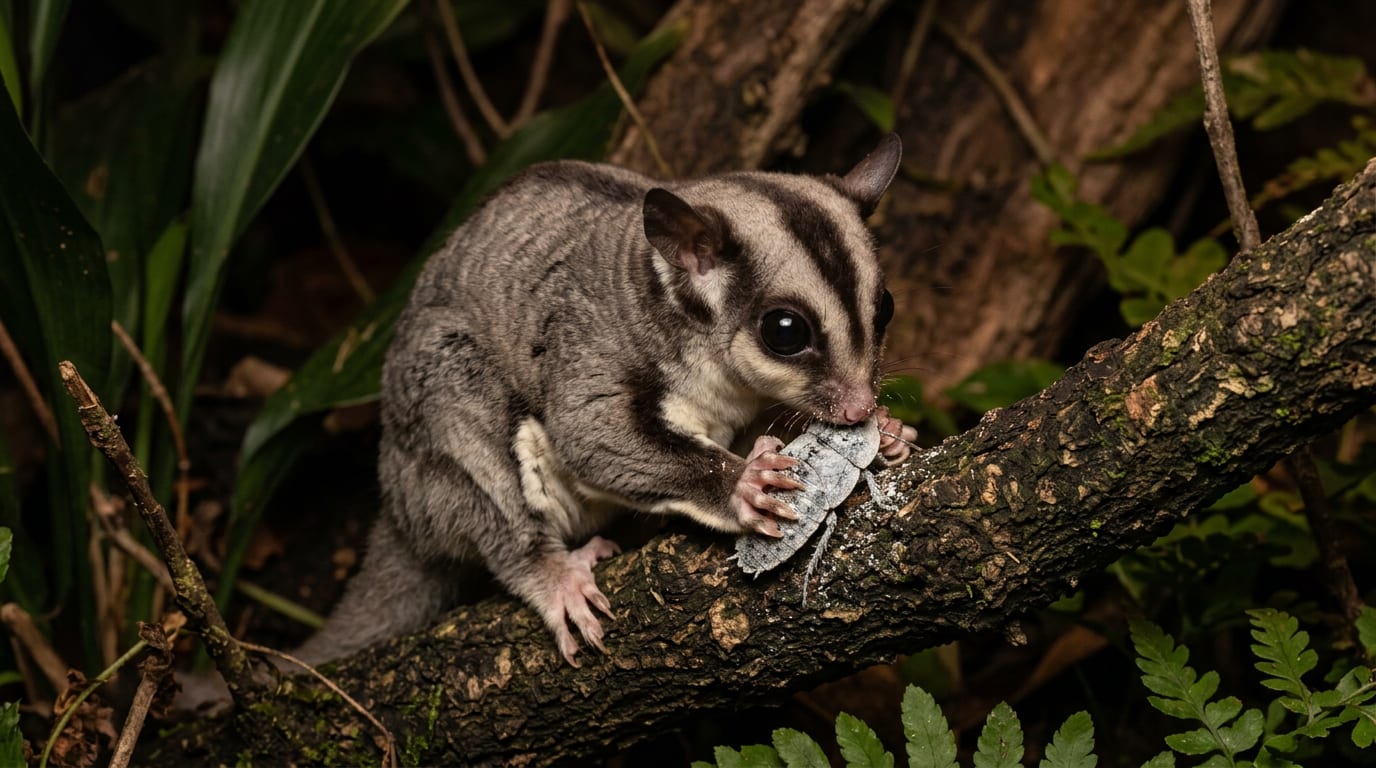 A sugar glider eating a calcium-dusted insect while gripping a branch