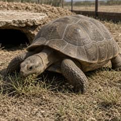 A large adult sulcata tortoise grazing across rough grass beside the mouth of a dug burrow