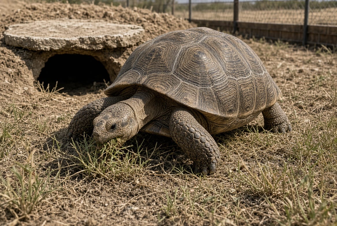 A large adult sulcata tortoise grazing across rough grass beside the mouth of a dug burrow