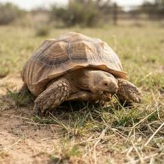 Sulcata tortoise grazing on grass and hay
