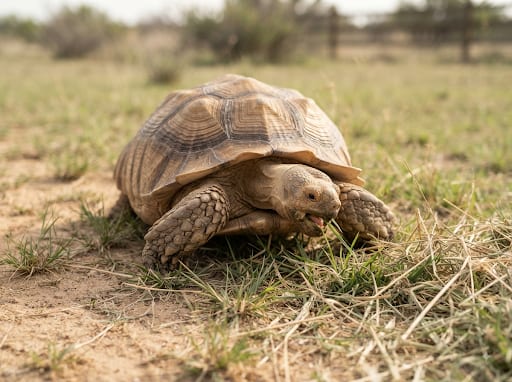 Sulcata tortoise grazing on grass and hay