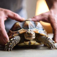 Person hand-feeding a juvenile sulcata tortoise low to the ground