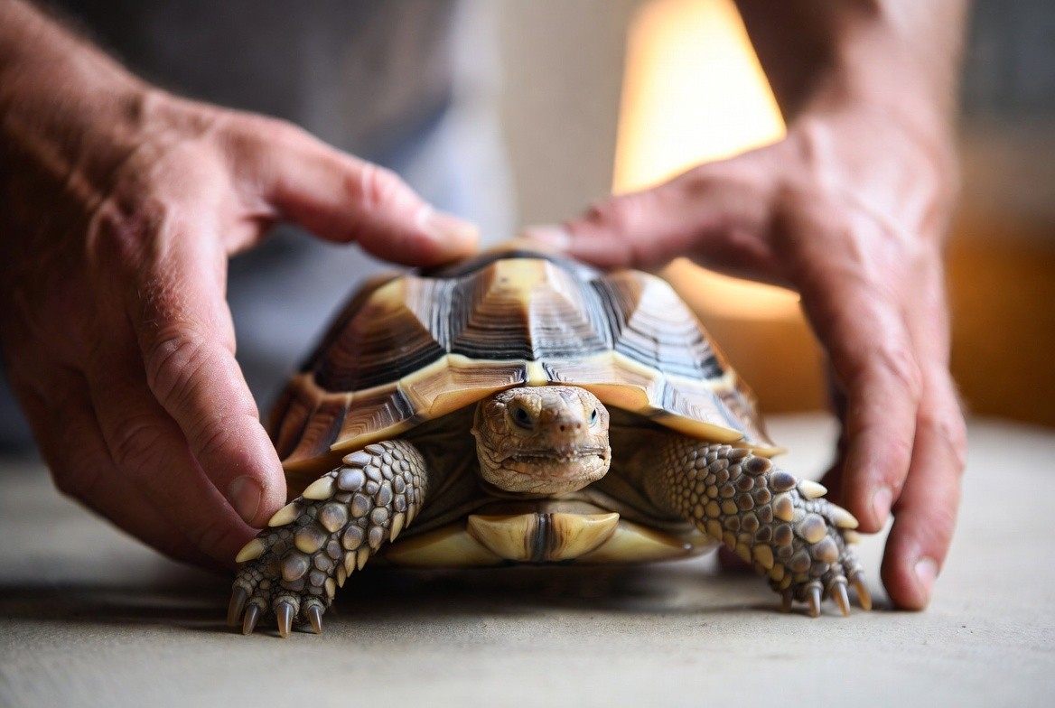 Person hand-feeding a juvenile sulcata tortoise low to the ground