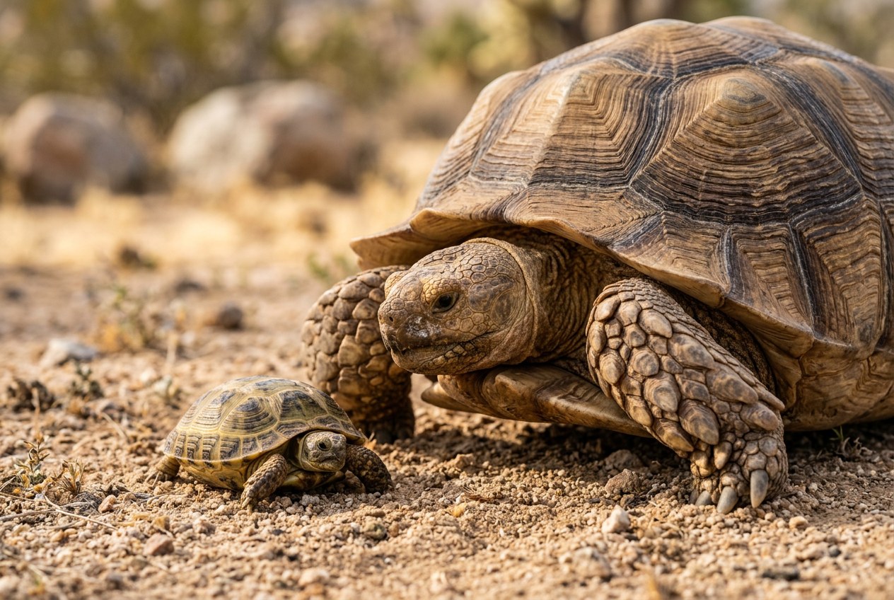 A sulcata tortoise and a Russian tortoise side by side for size comparison