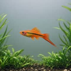 A male swordtail with a long sword extension swimming through open water past planting