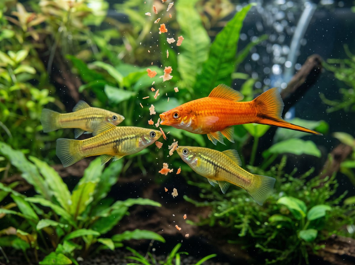 A swordtail feeding on flakes near the surface of a planted aquarium
