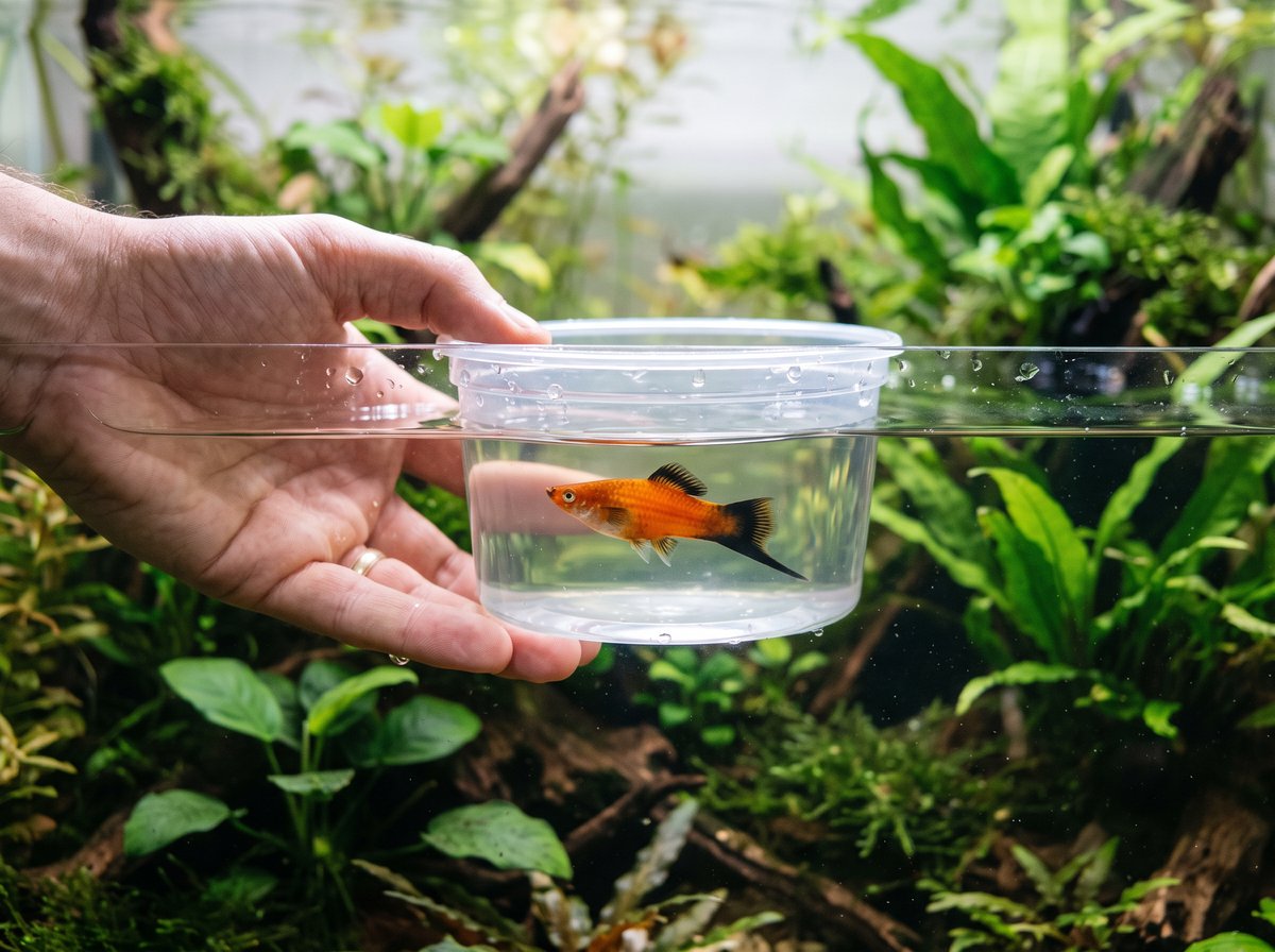A net gently guiding a swordtail during a tank transfer instead of using bare hands