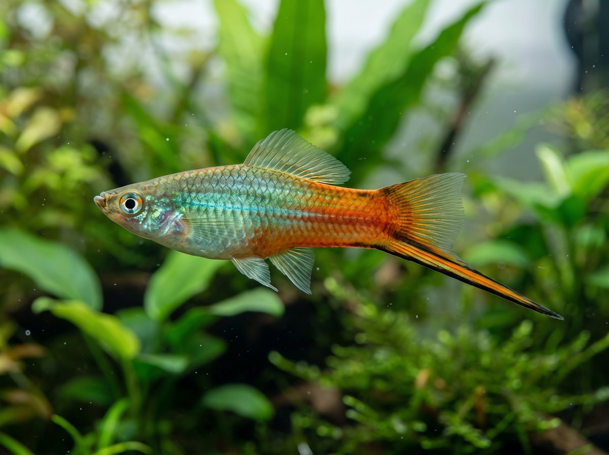 Close-up of a healthy swordtail in a well-maintained aquarium showing intact fins and steady coloring