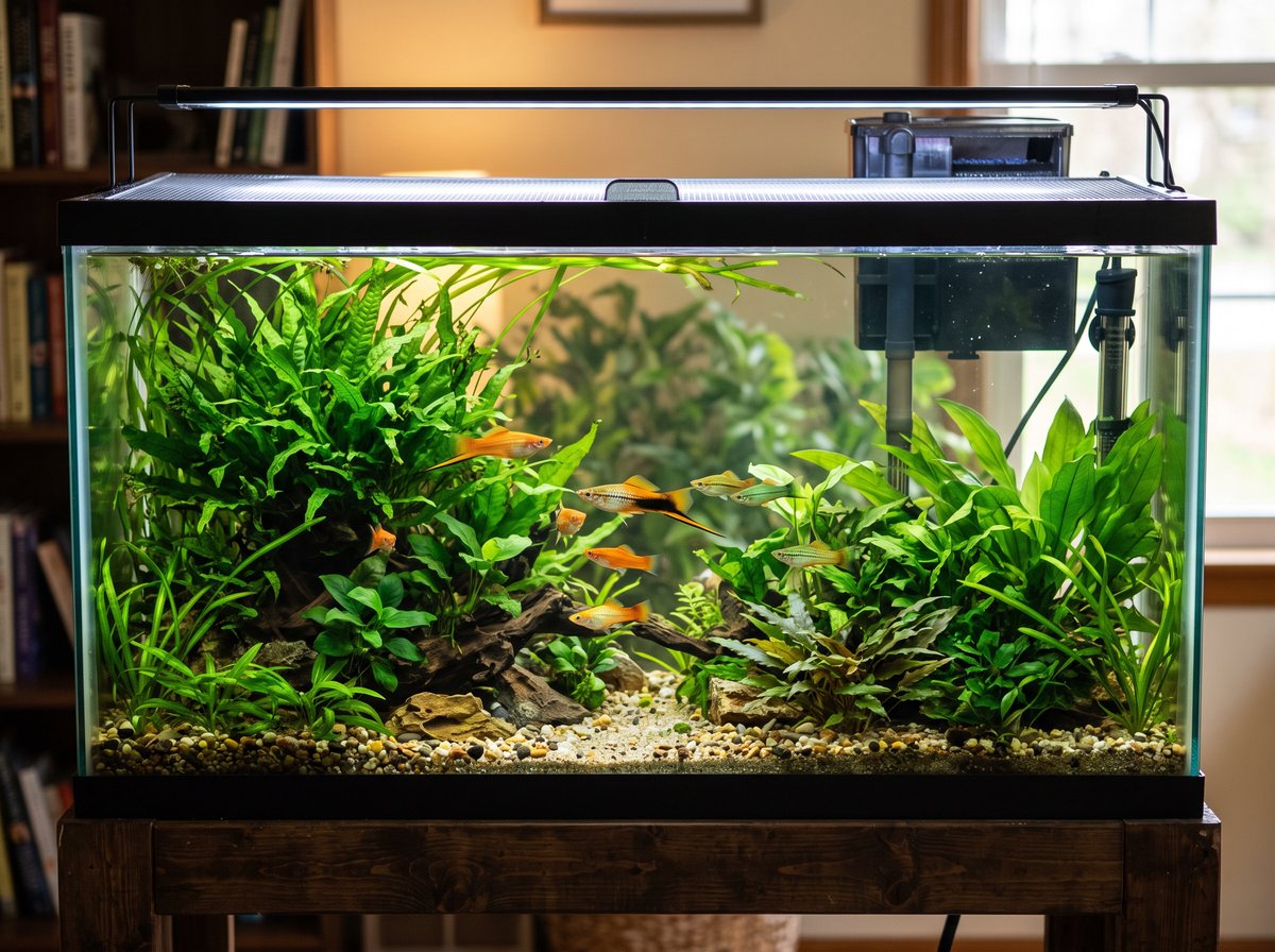 A long, planted swordtail tank with a secure lid and sturdy filtration