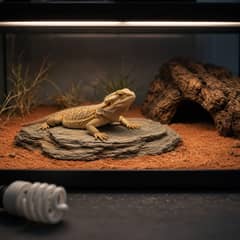 A bearded dragon basking on a rock under a long tube light spanning its enclosure, while an unplugged compact coil bulb lies retired on the table outside the glass
