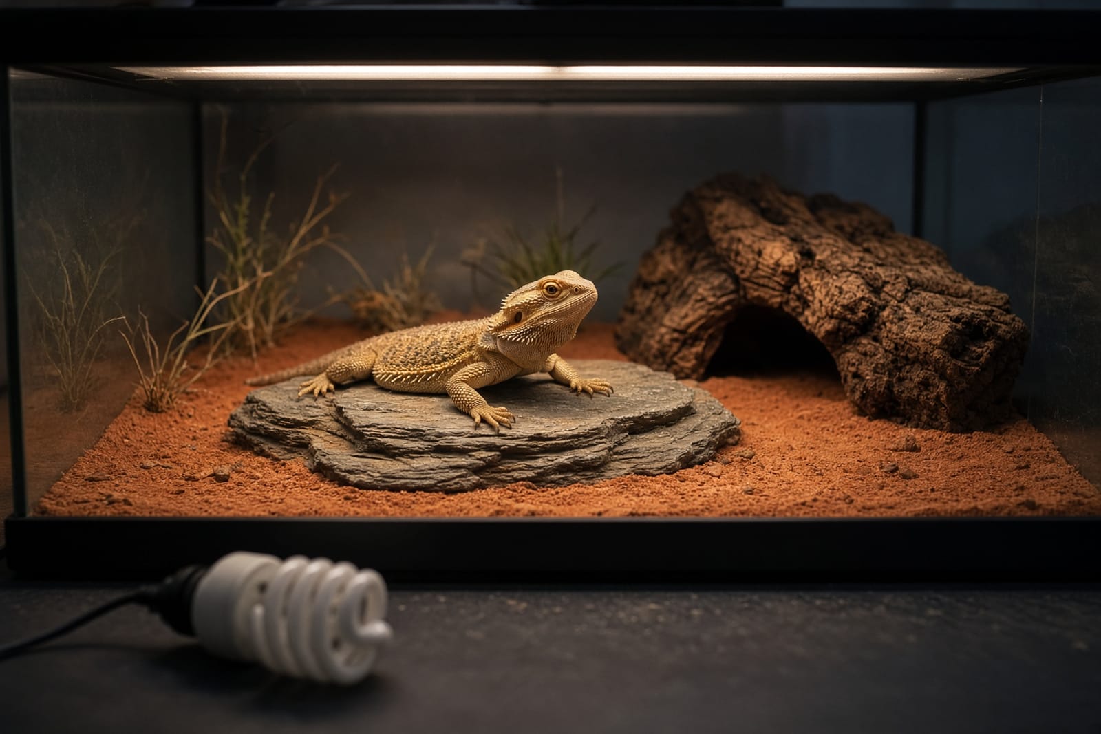 A bearded dragon basking on a rock under a long tube light spanning its enclosure, while an unplugged compact coil bulb lies retired on the table outside the glass
