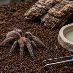 Chilean rose hair tarantula beside its enclosure setup and feeding tongs