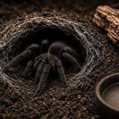 A Brazilian black tarantula at the mouth of a burrow it has dug in deep substrate