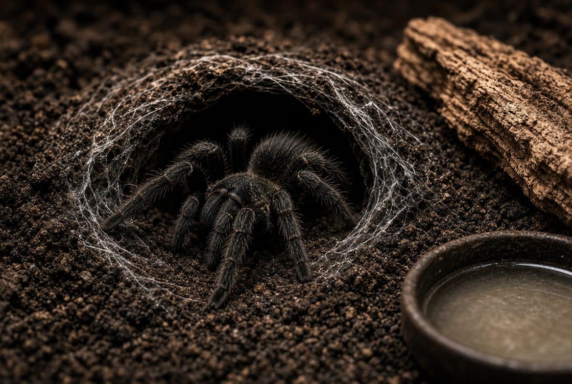 A Brazilian black tarantula at the mouth of a burrow it has dug in deep substrate