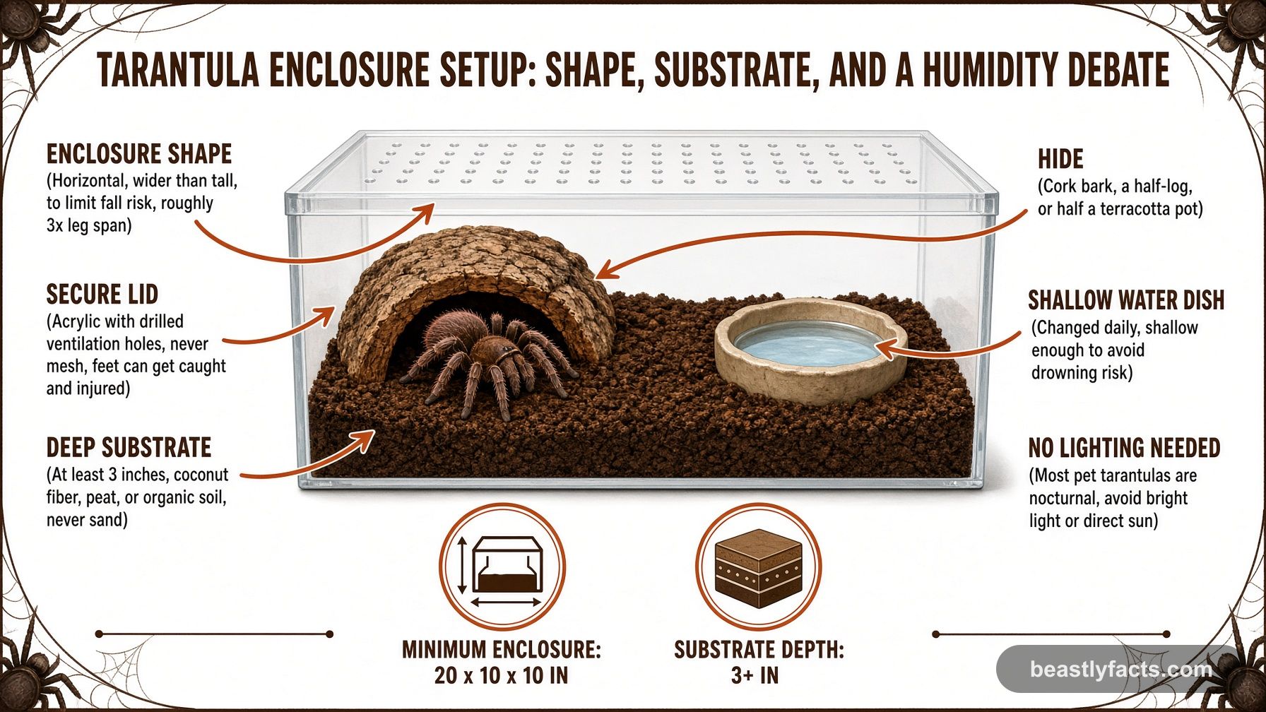 Labeled diagram of a tarantula enclosure showing the secure ventilated lid, deep substrate, hide, and water dish