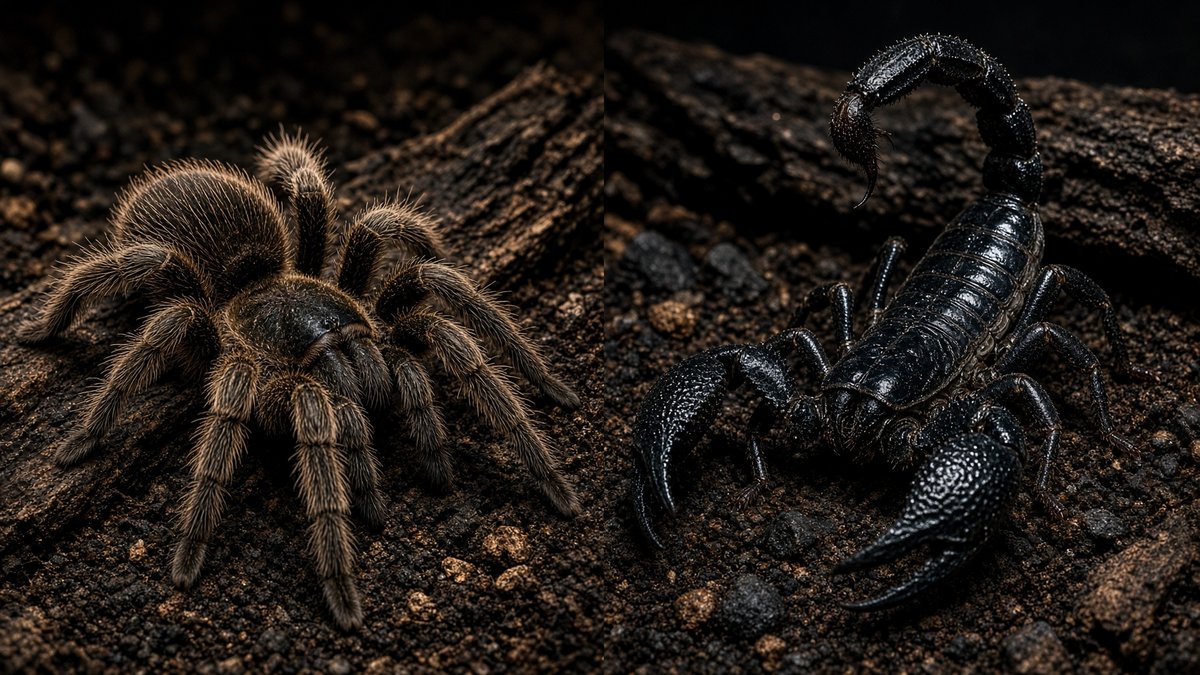 A tarantula and an emperor scorpion side by side for comparison
