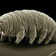 A tardigrade (water bear) viewed under a scanning electron microscope, showing its distinctive stubby legs and barrel-shaped body