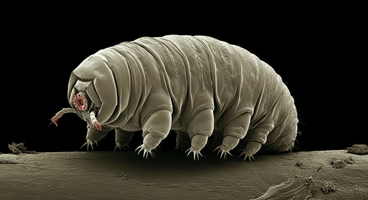 A tardigrade (water bear) viewed under a scanning electron microscope, showing its distinctive stubby legs and barrel-shaped body