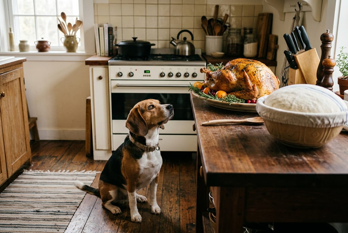 A beagle sitting on a kitchen floor looking up at a roasted turkey resting on a counter, a bowl of rising bread dough covered with a cloth beside it