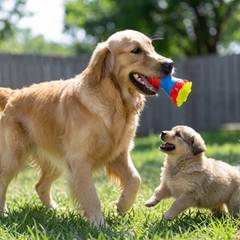 Golden retriever and cute small puppy playing together with a colorful toy in a sunny backyard, full body view of both happy dogs on green grass, joyful adult golden retriever and playful puppy enjoying outdoor playtime