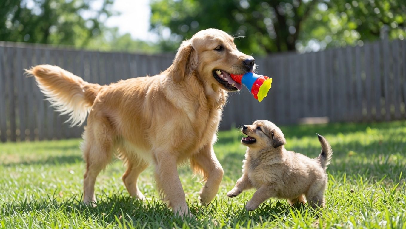 Golden retriever and cute small puppy playing together with a colorful toy in a sunny backyard, full body view of both happy dogs on green grass, joyful adult golden retriever and playful puppy enjoying outdoor playtime