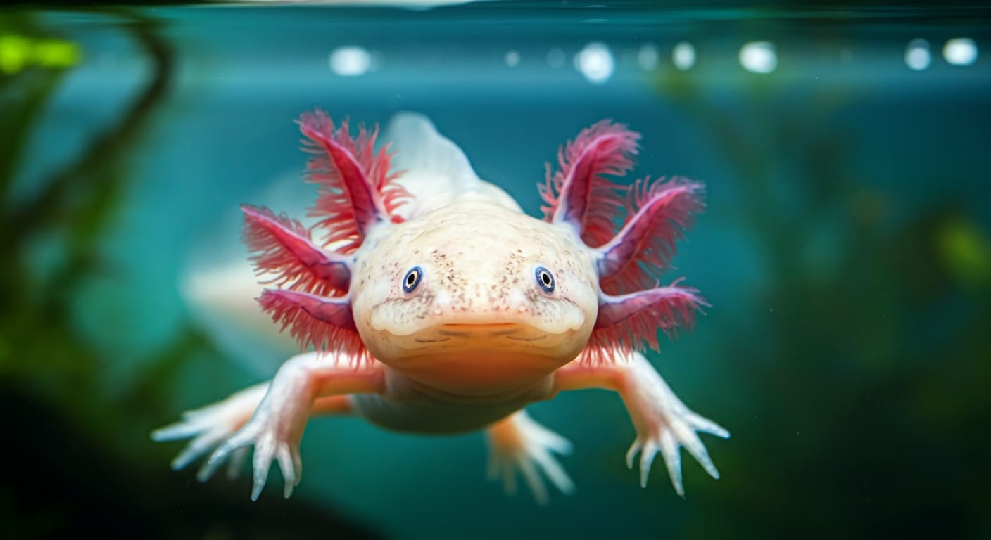 A cute pink axolotl with feathery gills swimming in clear water