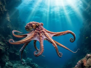 A vibrant octopus gliding through colorful coral reef waters, its iridescent purple and teal arms spread wide in the deep blue ocean