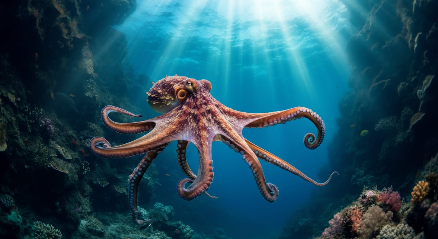 A vibrant octopus gliding through colorful coral reef waters, its iridescent purple and teal arms spread wide in the deep blue ocean