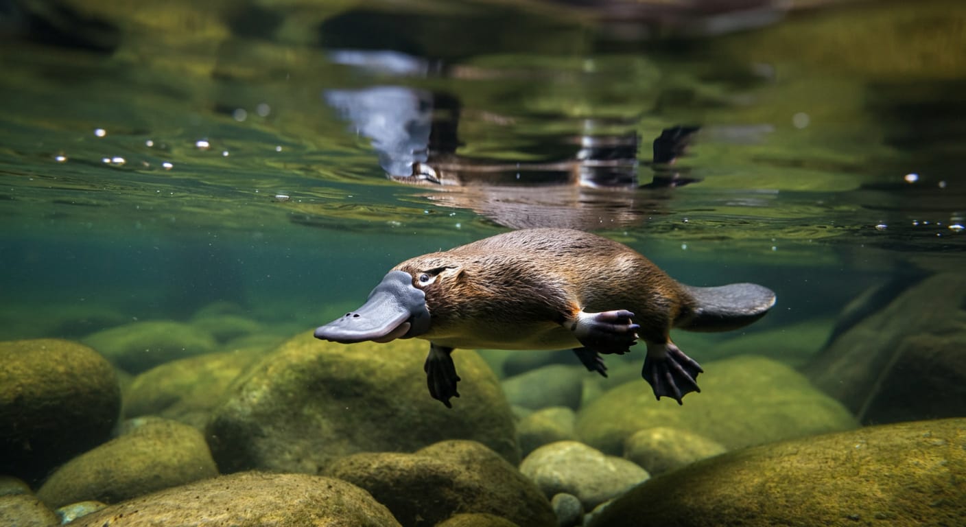 A platypus swimming underwater in a clear Australian freshwater stream, its distinctive bill and webbed feet visible