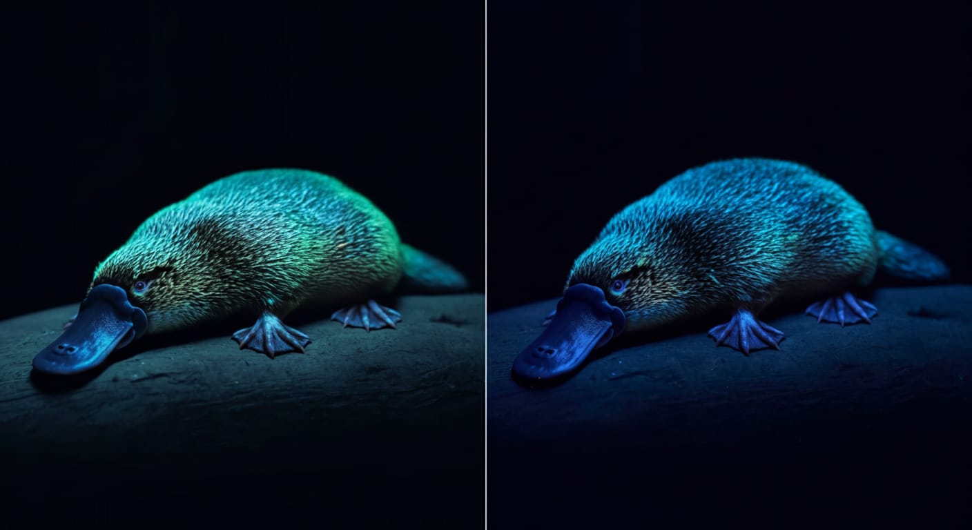 A platypus fur glowing blue-green under ultraviolet UV light, demonstrating biofluorescence