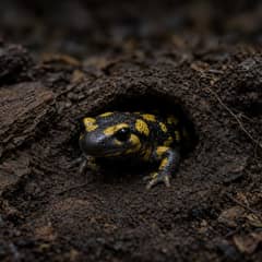 A tiger salamander emerging from a burrow in deep damp substrate, yellow blotches visible