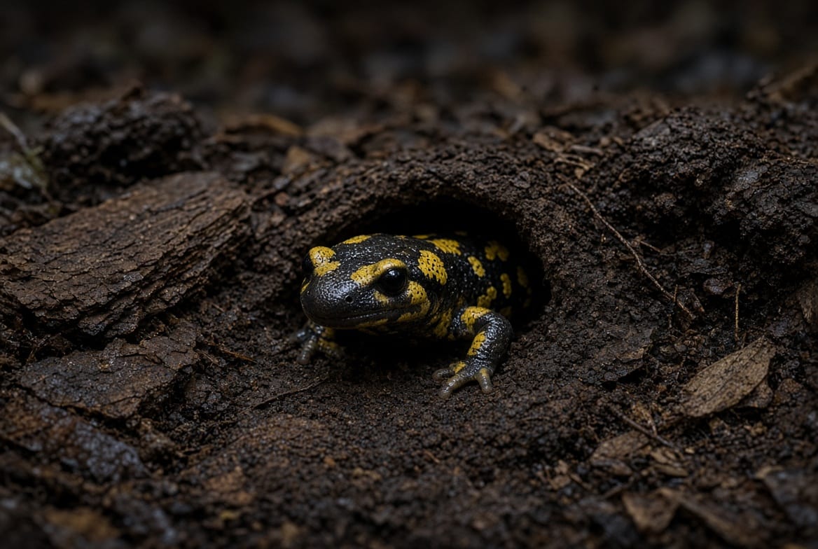 A tiger salamander emerging from a burrow in deep damp substrate, yellow blotches visible