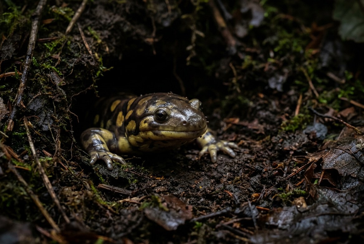 Tiger salamander partially burrowed in deep moist substrate, only its head visible