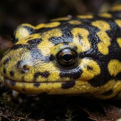 Tiger salamander partially burrowed in deep moist substrate, alert and healthy