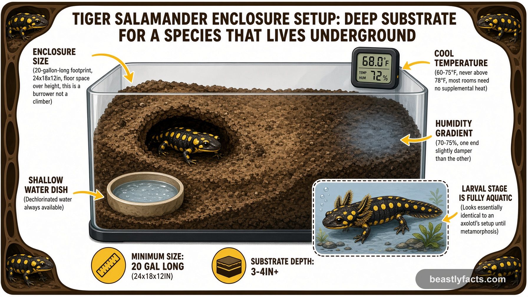 Labeled diagram of a tiger salamander enclosure showing deep substrate, a burrow, and the fully aquatic larval stage
