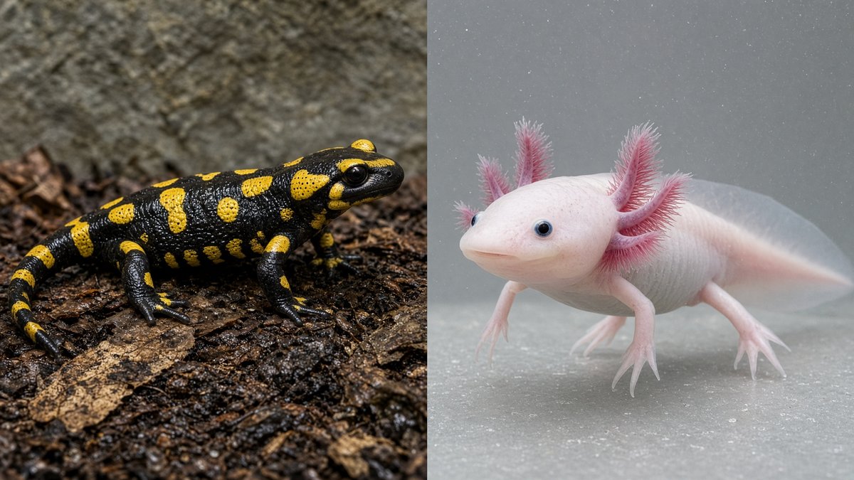 A tiger salamander and an axolotl side by side for comparison