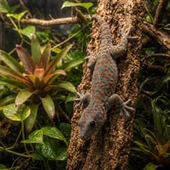 A tokay gecko gripping a vertical cork slab in a tall planted terrarium